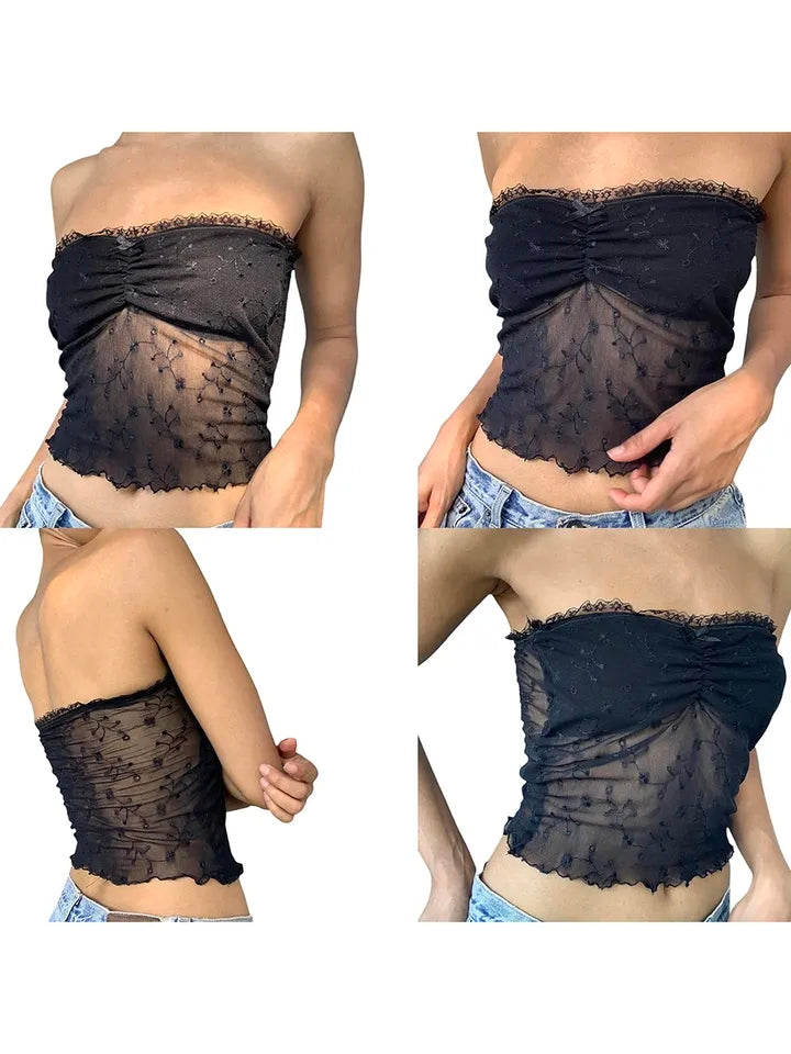 Black Flower Embroidery Lace Tube Top