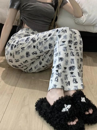 Puppy & Kitten Print Flare Trousers