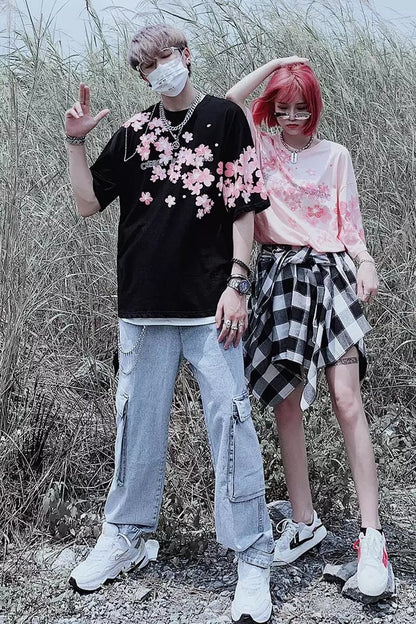 Cute Cherry Blossom Sakura Flower Graphic Print Oversized Short Sleeve Tee Shirt T-shirt Unisex Top E-Girl Kawaii Korean Japanese Harajuku Streetwear