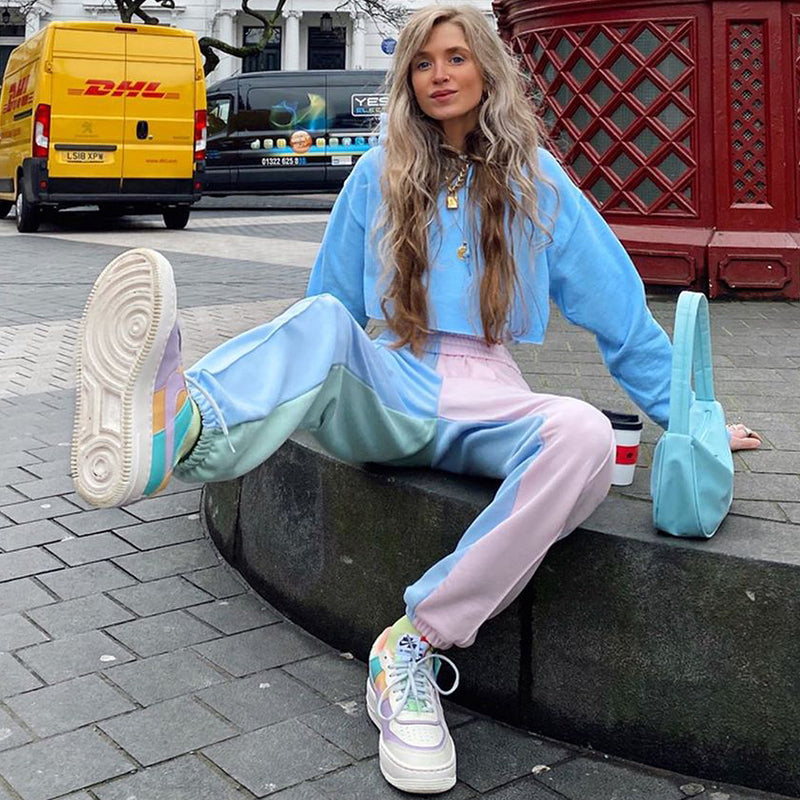 Cute Patchwork Color Contrast Baggy Jogger Pink Blue Sweatpants High Waist Trousers E-Girl Kawaii Korean Japanese Harajuku Retro Streetwear Aesthetic