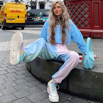 Cute Patchwork Color Contrast Baggy Jogger Pink Blue Sweatpants High Waist Trousers E-Girl Kawaii Korean Japanese Harajuku Retro Streetwear Aesthetic