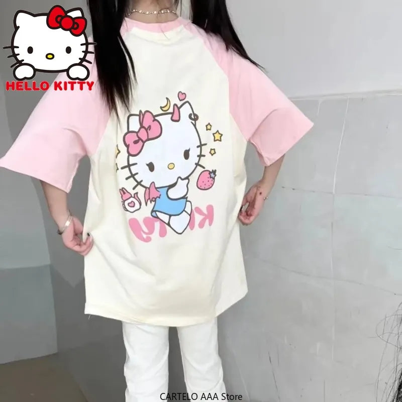 Japanese Cat Print Patchwork Short Sleeve T-shirt