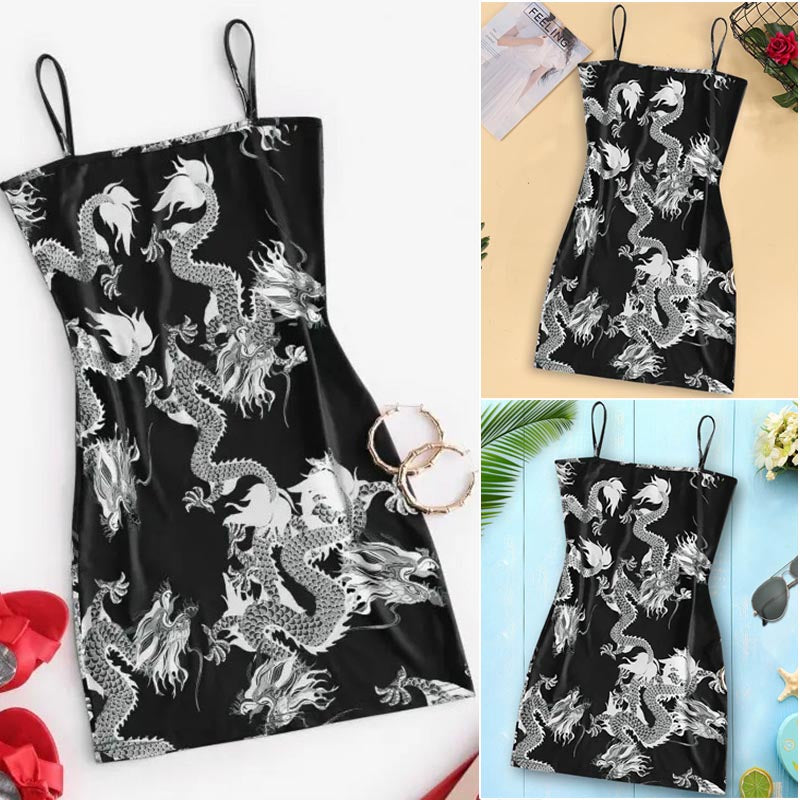 Cute Sexy Dragon Print Sleeveless Split Club Bodycon Mini Dress Party E-Girl Kawaii Korean Japanese Harajuku Chinese Retro Streetwear Aesthetic