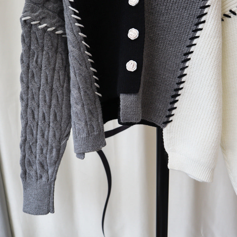 Grey Heart V Neck Patchwork Cardigan