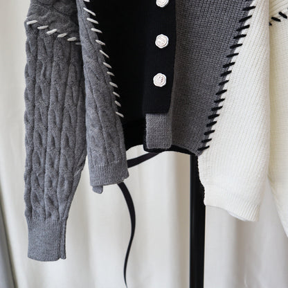 Grey Heart V Neck Patchwork Cardigan