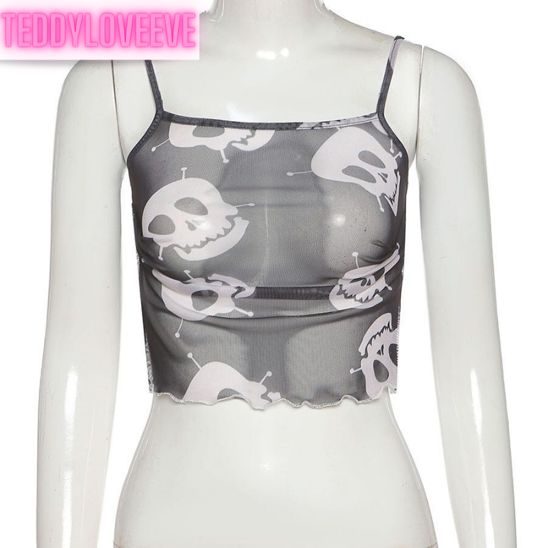 Cute Spider Skull Mesh Transparent See Through Camisole Tank Crop Top Sleeveless Goth Punk Casual E-Girl Kawaii Korean Japanese Harajuku Streetwear