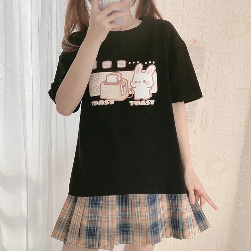 Cute Bunny And Toast Bread Graphic Cartoon Print Loose Short Sleeve T-shirt Aesthetic Casual Summer E-Girl Kawaii Korean Japanese Harajuku
