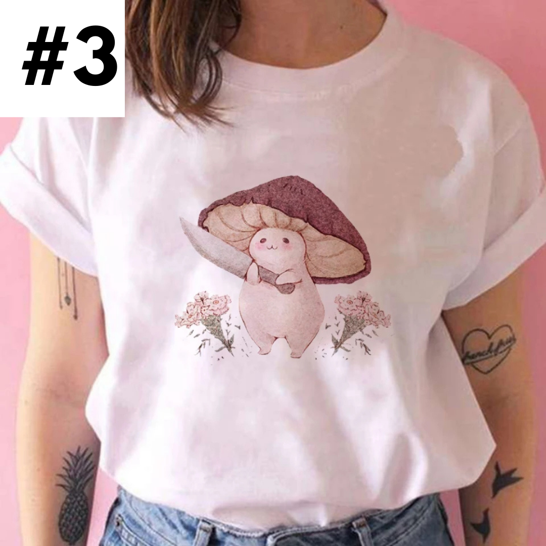 Cute Frog Mushroom Plant Cartoon Print Loose Oversize Short Sleeve T-shirt Punk Aesthetic Casual Summer E-Girl Kawaii Korean Japanese Harajuku