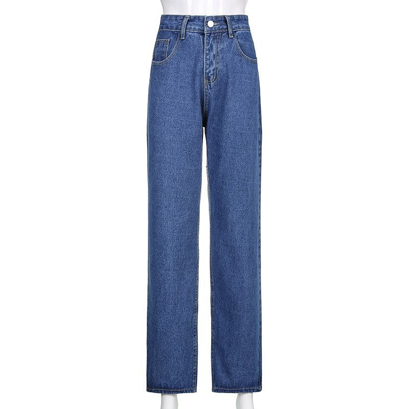 Cute 90s Buttery Print Casual Baggy Straight High Waist Mom Blue Denim Jean Bottom Pant Aesthetic E-Girl Kawaii Korean Japanese Harajuku Streetwear
