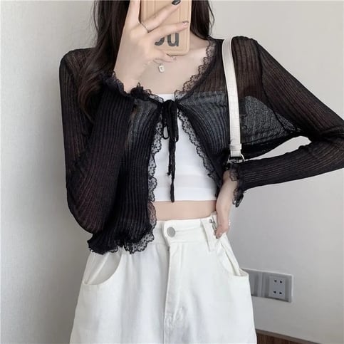 Sheer Lace Long Sleeve Cropped Cardigan
