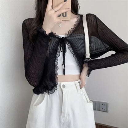Sheer Lace Long Sleeve Cropped Cardigan