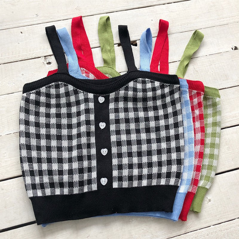 Cute Sexy Sweet Knit Plaid Checkered Botton Cami Crop Top Shirt Tee T-shirt E-Girl Kawaii Korean Japanese Harajuku Chinese Retro Streetwear Aesthetic