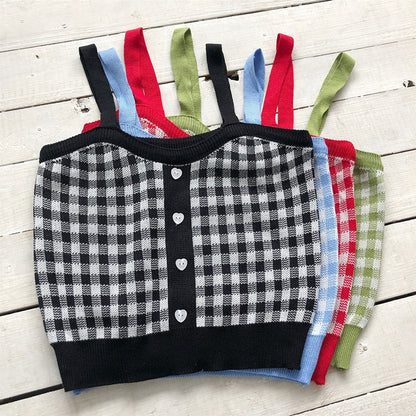 Cute Sexy Sweet Knit Plaid Checkered Botton Cami Crop Top Shirt Tee T-shirt E-Girl Kawaii Korean Japanese Harajuku Chinese Retro Streetwear Aesthetic