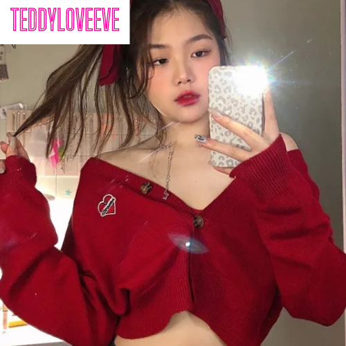 Red Cropped V Neck Sweater