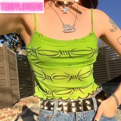 Cute Spider Skull Mesh Transparent See Through Camisole Tank Crop Top Sleeveless Goth Punk Casual E-Girl Kawaii Korean Japanese Harajuku Streetwear