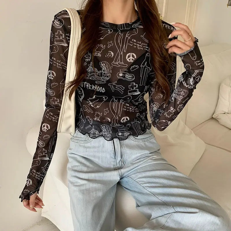 Spooky Mesh Ruffle Long Sleeve Shirt