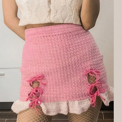 Black & Pink Knit Bow Splice Mini Skirt