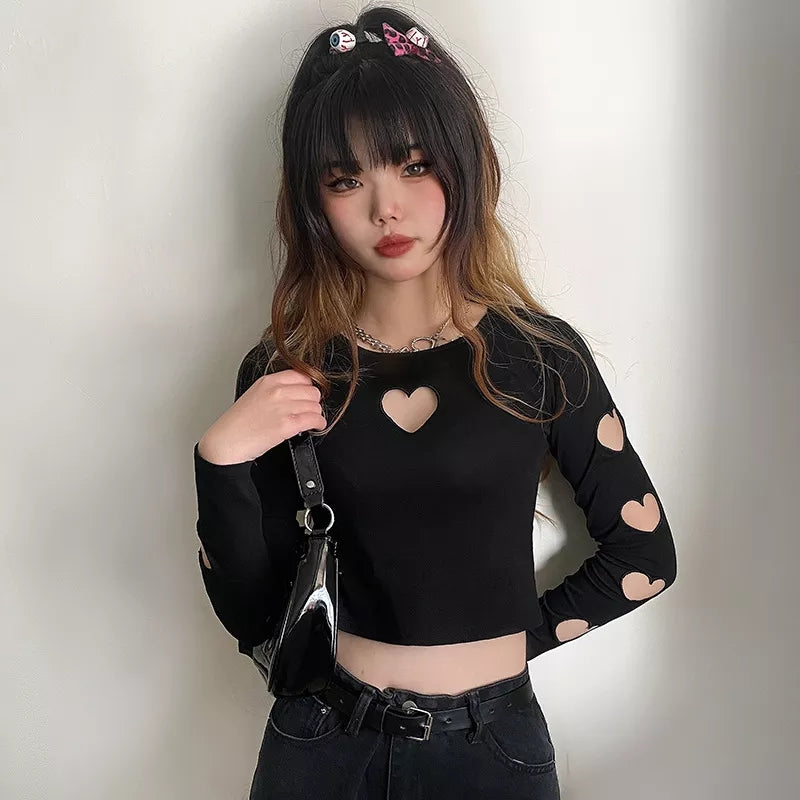 Black Heart Hollow Out Long Sleeve Shirt