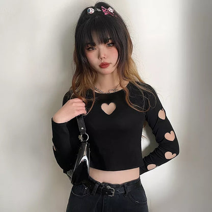 Black Heart Hollow Out Long Sleeve Shirt