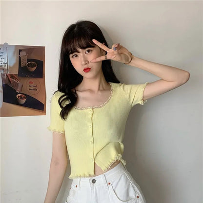Yellow Lace Knit Short Sleeve Top