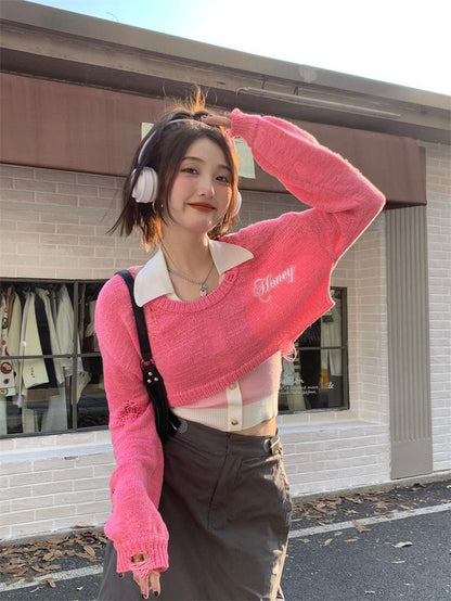 Pink Y2K Oversized Cropped Smock Sweater