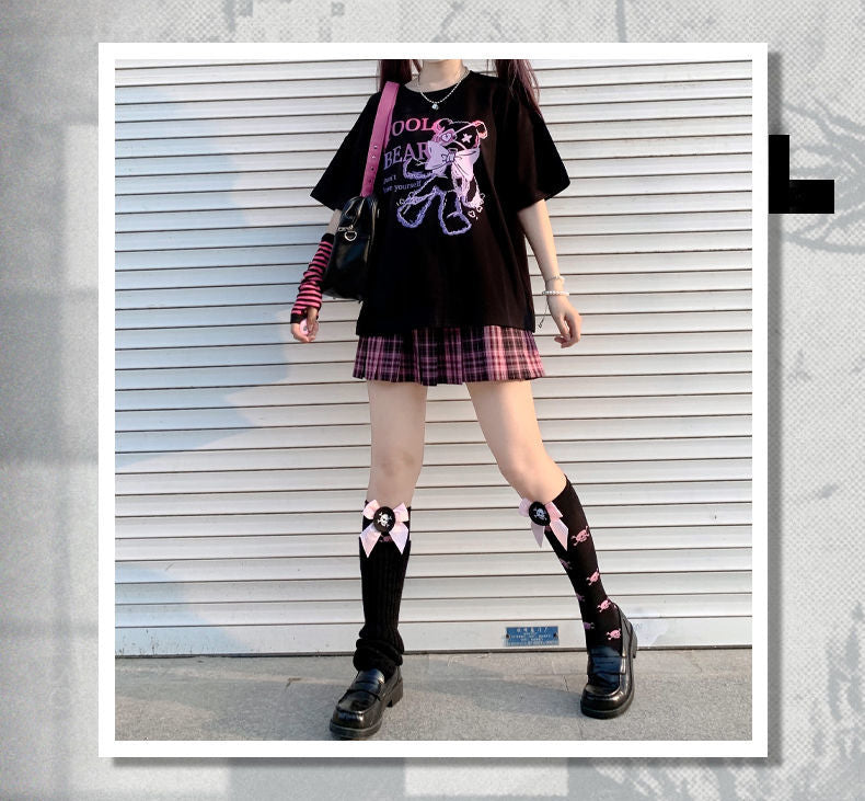 Black Bear Bow Cartoon Print Short Sleeve Tee Shirt T-shirt Top Goth Punk Causal Summer E-Girl Kawaii Korean Japanese Harajuku Streetwear