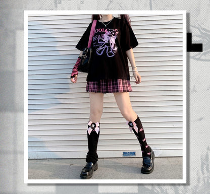 Black Bear Bow Cartoon Print Short Sleeve Tee Shirt T-shirt Top Goth Punk Causal Summer E-Girl Kawaii Korean Japanese Harajuku Streetwear