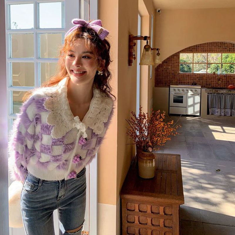 Fluffy Purple & White Plaid Cardigan