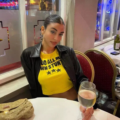 Yellow Funny Own Stunts Graphic Print Short Sleeve Shirt Crop Top Summer Aesthetic Casual E-Girl Kawaii Korean Japanese Harajuku