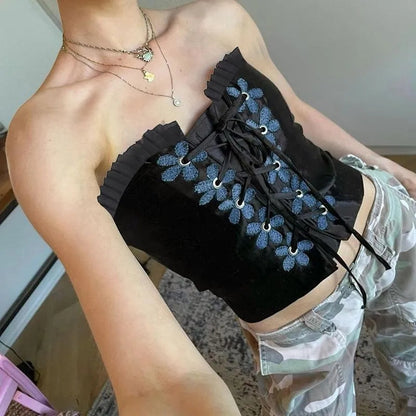 Black Floral Bustier Tube Top