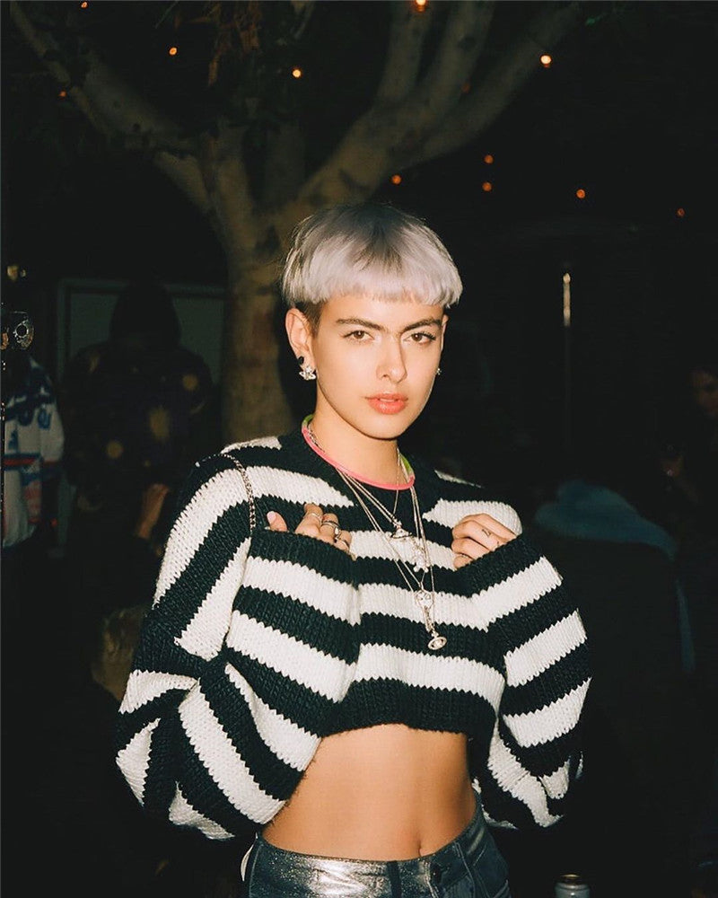 Cute Black White Stripe Loose Oversize Crop Sweater Long Sleeve Shirt Sweatshirt Pullover Casual E-Girl Kawaii Korean Japanese Harajuku Streetwear