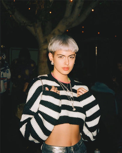 Cute Black White Stripe Loose Oversize Crop Sweater Long Sleeve Shirt Sweatshirt Pullover Casual E-Girl Kawaii Korean Japanese Harajuku Streetwear