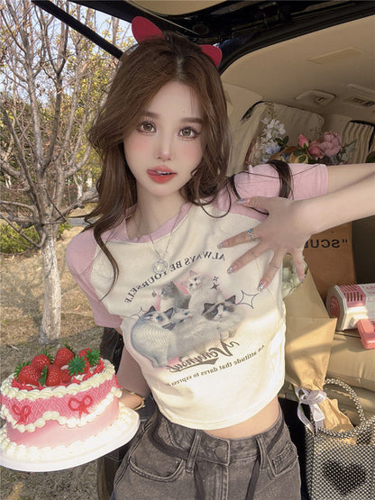 Cat Cartoon Patchwork Print Short Sleeve T-shirt