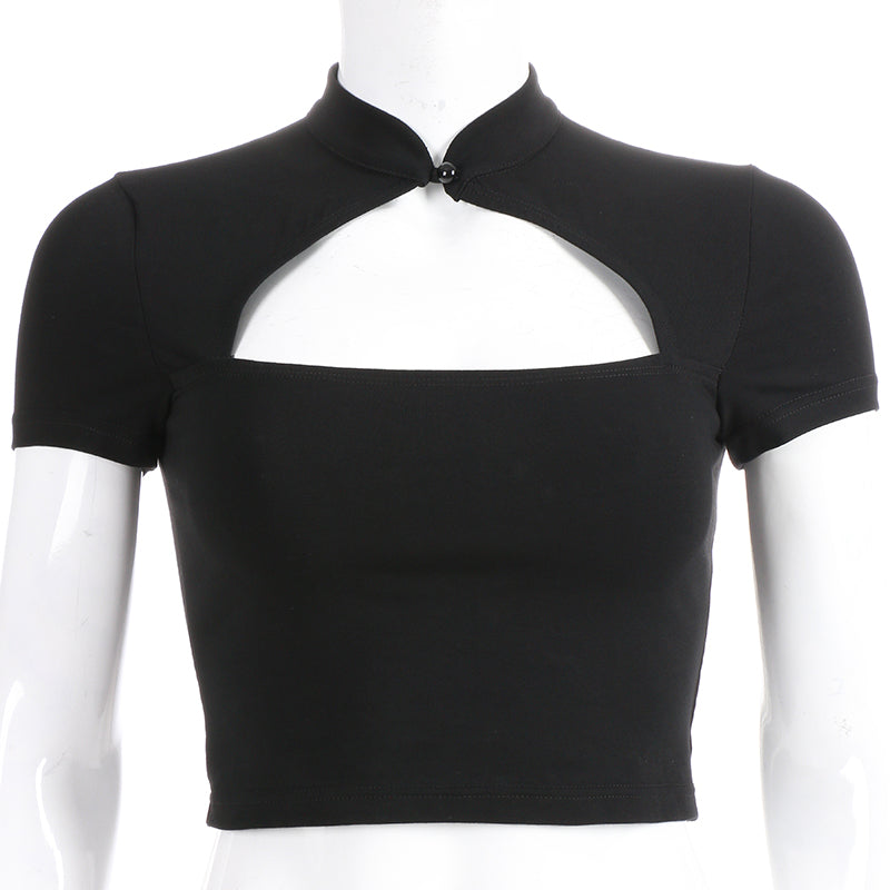 Cute Sexy Casual Black Hallow Out Crop Top Short Sleeve Shirt Tee T-shirt E-Girl Kawaii Korean Japanese Harajuku Chinese Retro Streetwear Aesthetic