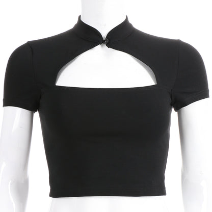 Cute Sexy Casual Black Hallow Out Crop Top Short Sleeve Shirt Tee T-shirt E-Girl Kawaii Korean Japanese Harajuku Chinese Retro Streetwear Aesthetic