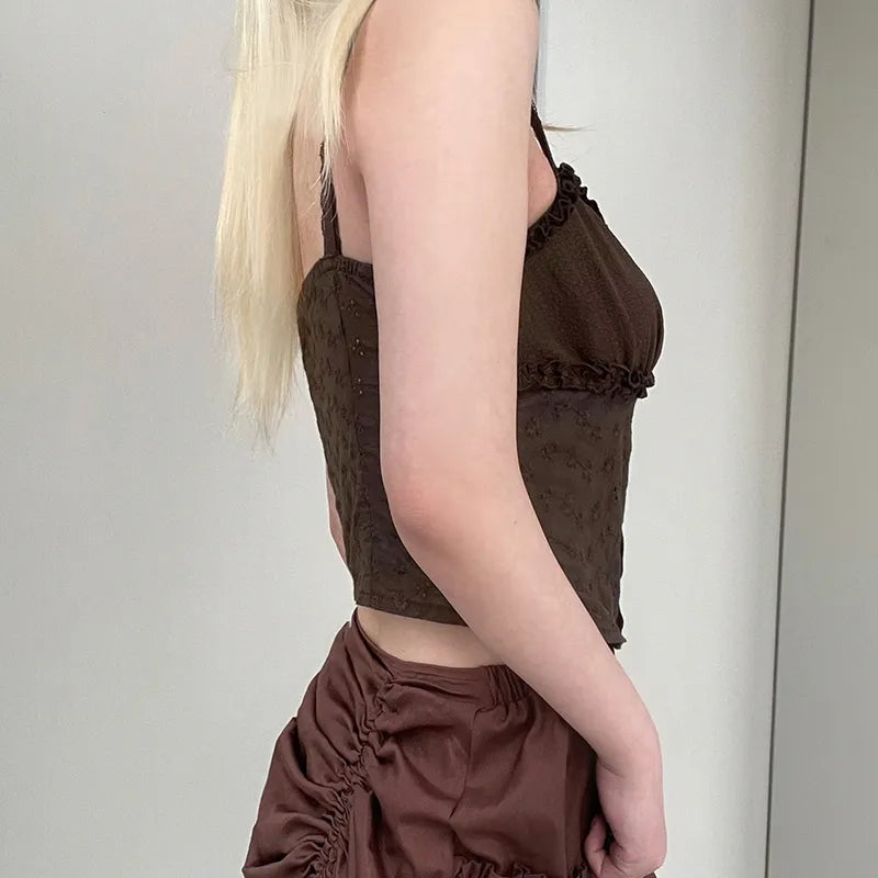 Brown Lace Patchwork Crop Top