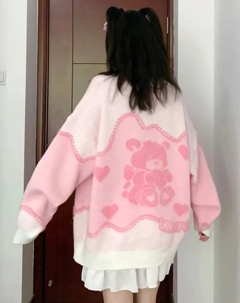 Pink Teddy Bear Print Sweater