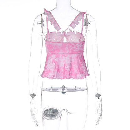 Pink Tie Dye V Neck Ruffle Crop Top