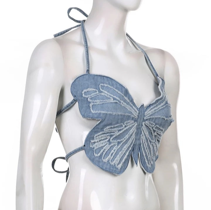 Cute Sexy Butterfly Denim Backless Crop Top Sleeveless Shirt Party Beach Summer Aesthetic Casual E-Girl Kawaii Korean Japanese Harajuku