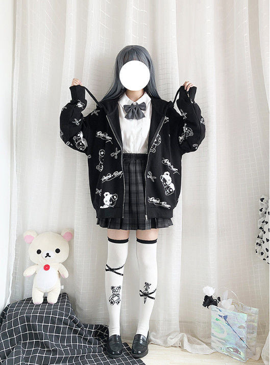 Teddy Bear Scissors Print Hoodie Zip Up Sweater Sweatshirt Long Sleeve Pullover Jumper Goth Punk E-Girl Kawaii Korean Japanese Harajuku Streetwear