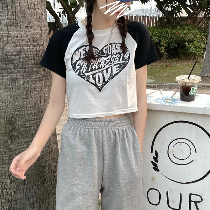 Heart Patchwork Short Sleeve Crop Top