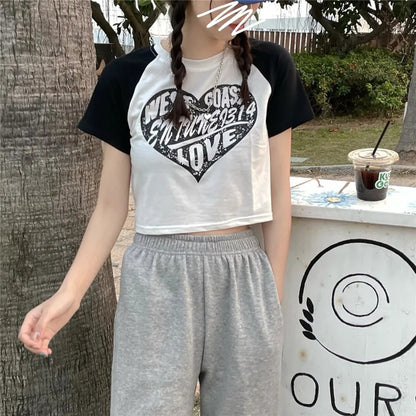 Heart Patchwork Short Sleeve Crop Top
