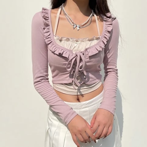 Purple & White Patchwork Ruffle Halter Crop Top