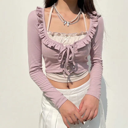 Purple & White Patchwork Ruffle Halter Crop Top