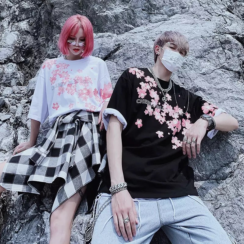 Cute Cherry Blossom Sakura Flower Graphic Print Oversized Short Sleeve Tee Shirt T-shirt Unisex Top E-Girl Kawaii Korean Japanese Harajuku Streetwear