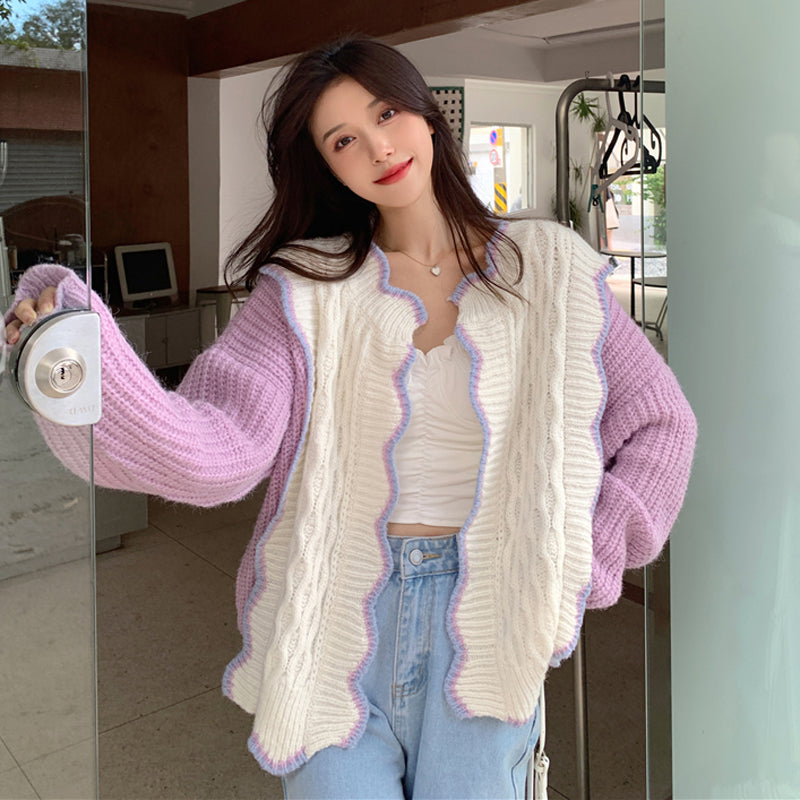 Purple & White Patchwork Knit Cardigan