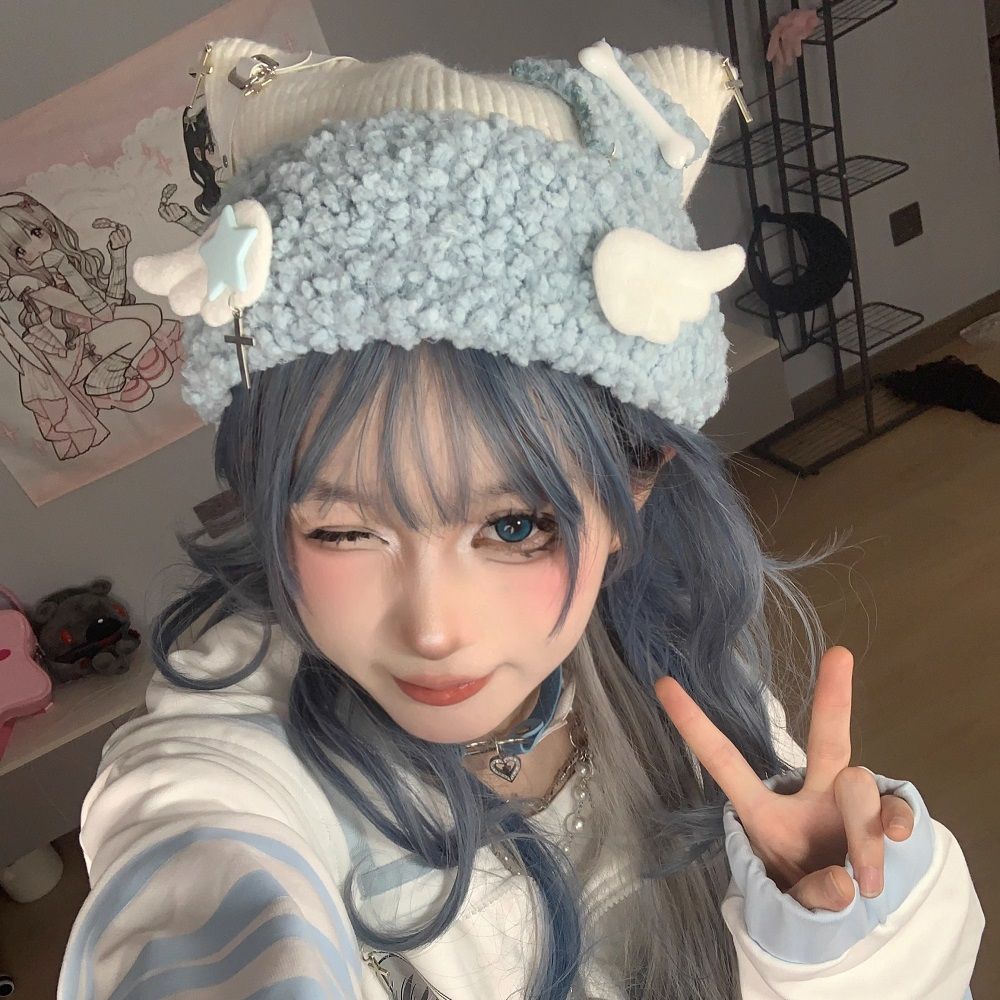 Blue Knit Star Cat Ears Hat