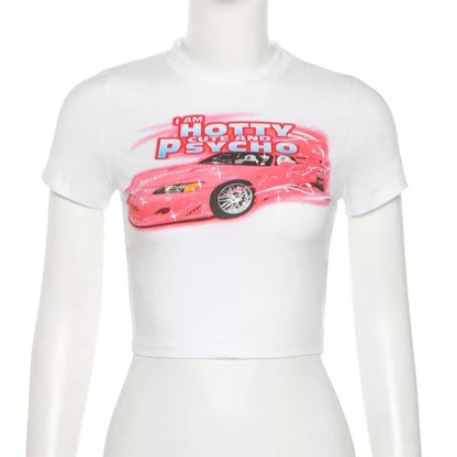 Cute 90s Vintage Hot Pink Car Print White Short Sleeve T-shirt Crop Top Aesthetic Casual E-Girl Kawaii Korean Japanese Harajuku