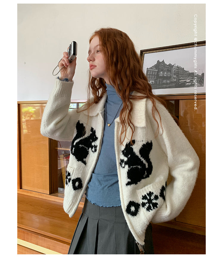 Squirrel Graphic Zipper Sweater