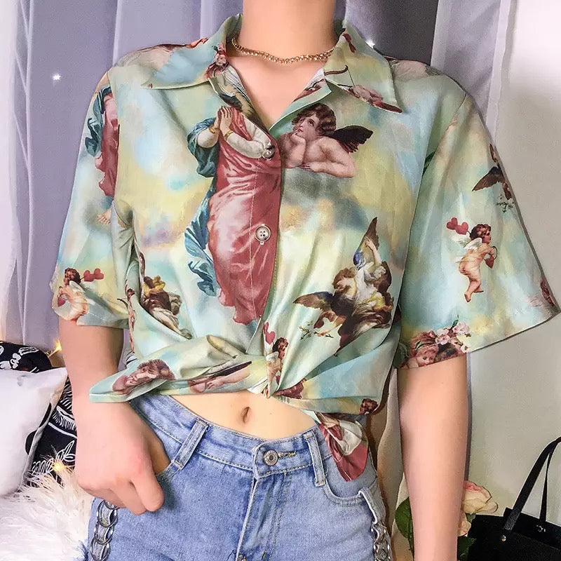 Classic Angel Print Loose Thin Shirt Blouse Summer Bottom Short Sleeve Tee Shirt T-shirt E-Girl Kawaii Korean Japanese Harajuku Streetwear